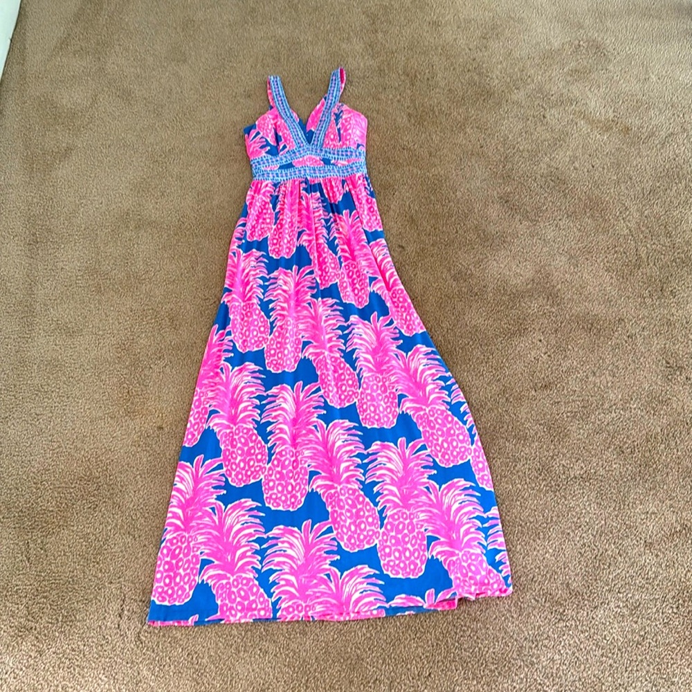 Lilly Pulitzer Taryn Maxi Vibrant Pink and Blue Pineapple Maxi Dress size 6